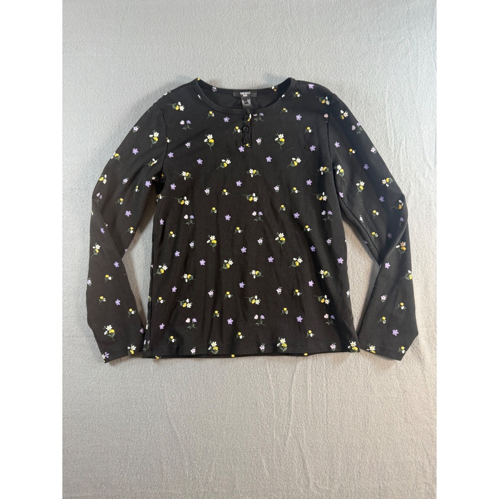 Forever 21 Kids Girls Black Floral Long Sleeve Henley Top Size 13/14 XL
